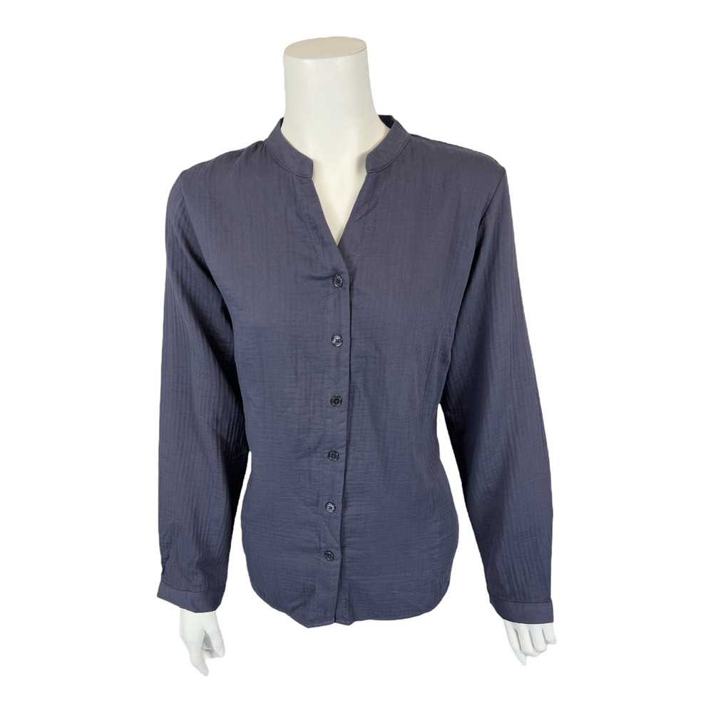 Joan Rivers Crinkle Texture Button Front Shirt w/ Pockets Solid Grey Medium Size